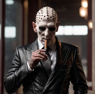 Pinhead from the movie hellraiser wearing a black leather blazer smoking a cigar from the chest up walking down the street