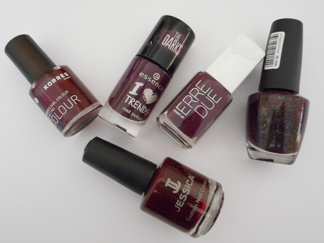 Jessica #691 Street swagger, Essence #16 well plum!, Korres #59 Dark Red, OPI #926 Stir-fried Eggplant, Erre Due #254 Purple Rain 