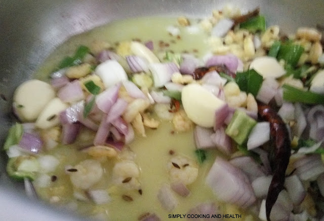 Add onion, garlic, ginger, green chili and curry leaves