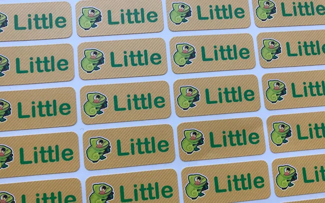 A sheet of coloured name labels in yellow with green writing saying "Little" next to a chameleon