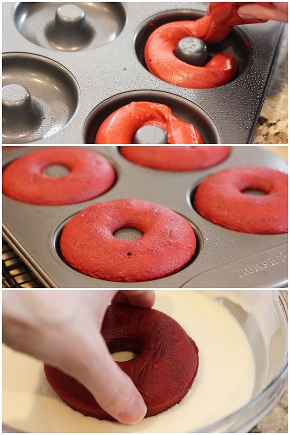 Baked Red Velvet Cake Doughnuts - Red velvet cake doughnuts with cream cheese icing made easy by using a cake mix and canned frosting. Baked = guilt-free!