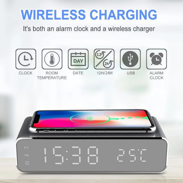 Bakeey LED Electric Alarm Clock Wireless Charger Desktop HD Digital Display Thermometer Clock