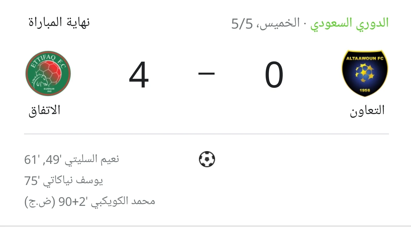 نتيجة  مباراة التعاون والأتفاق اليوم 5-5-2022 الدوري السعودي