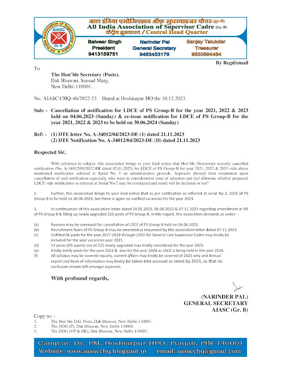 AIASC (Gr. B) CHQ writes to the Hon'ble Secretary (Posts), New Delhi regarding conveying resentment upon cancellation of LDCE for PS Group-B held on 04.06.2023 & comment on re-issue notification.