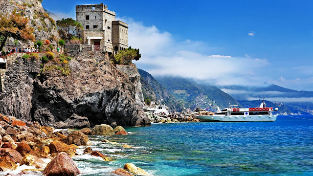 Italy Monterosso al Mare Cinque Terre Castle Boat Sea Beach Rocks HD Wallpaper