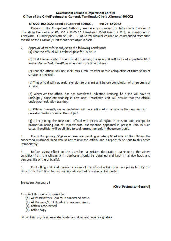  Intra Circle transfer (with in) for Tamilnadu Circle for the month of Dec - 2023