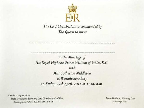 prince william wedding invitation. nuptials of Prince William