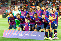 F. C. BARCELONA - Temporada 2018-19 - Ter Stegen, Umtiti, Nélson Semedo, Piqué, Busquets y Rakitic; Messi, Sergi Roberto, Dembelé, Luis Suárez y Jordi Alba. F. C. BARCELONA 3 (Leo Messi 2, Coutinho) DEPORTIVO ALAVÉS 0. 18/08/2018. Campeonato de Liga de 1ª División, jornada 1. Barcelona, Nou Camp.