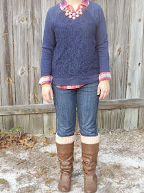 PMT Style Challenge: Copy an Outfit You Pinned. Plaid button down, lace sweater, jeans, riding boots, boot socks, statement necklace