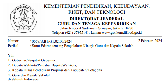 Surat Edaran Dirjen GTK Kemendikbudristek tentang Perpanjangan Pengisian RHK SKP Guru dan Kepala Sekolah di Ekinerja PMM Tahun 2024