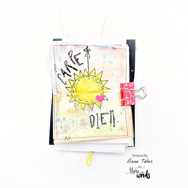 Carpe Diem Mixed Media Art Journal Page with Watercolor Sun, Stenciled Background, and Stamped Letters