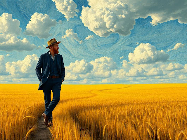 Vincent van Gogh walking in a wheatfield under a dramatic sky, an artistic depiction of his life’s struggles."