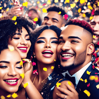 Image of a group of diverse people celebrating with confetti and champagne