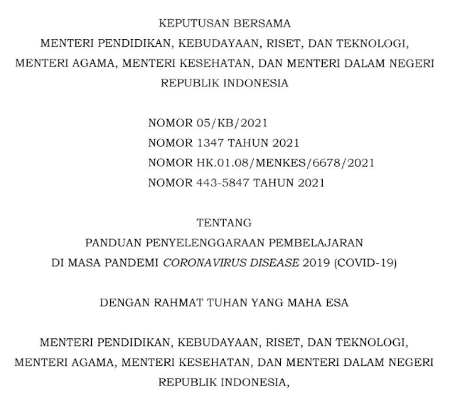 SKB 4 MENTERI TENTANG PANDUAN PENYELENGGARAAN PEMBELAJARAN DI MASA PANDEMI CORONAVIRUS DISEASE 2019 (COVTD-I9)