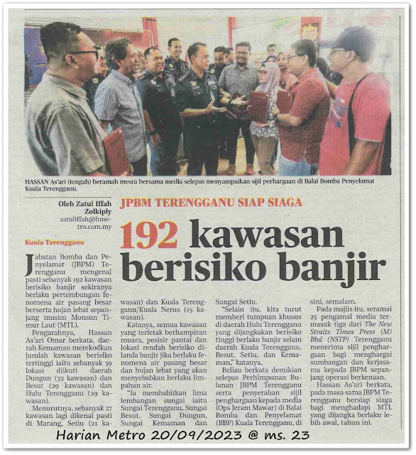 192 kawasan berisiko banjir ; JBPM Terengganu siap siaga - Keratan akhbar Harian Metro 20 September 2023