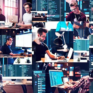 A collage of developers using GitHub: All In One on their laptops, tablets, and phones in different settings such as home, office, cafe, and classroom