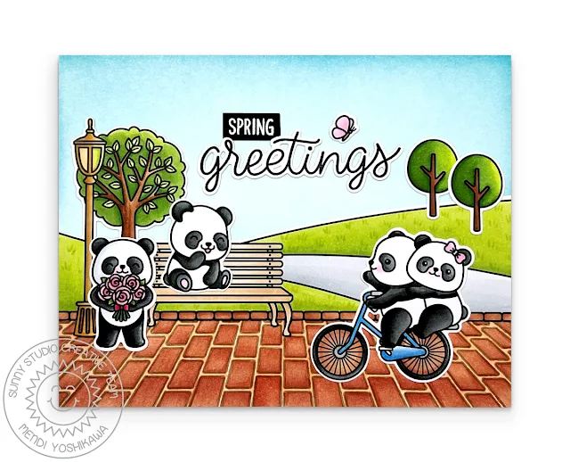 Sunny Studio Panda Bears Riding Bicycle at the Park Card using Bighearted Bears, Sprawling Surfaces & Spring Scenes Stamps