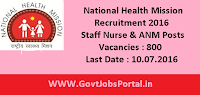 National Health Mission Recruitment 2016 for 800 Staff Nurse & ANM Posts Apply Online Here