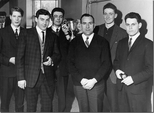 Winners of the regional life saving championship. From left to right: Bill Brennan is just visible,Jim McKenna,a slim me,Ray Johnson, Ted Roberts (instructor),Bill Lippit, and Ian Hilton with hair. I think year was 1964/5. We were entered as Durham County Cadets. Caused a bit of a stir as we beat regular force team