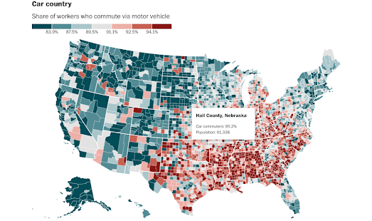 map showing the share of commuters who commute by car in the U.S.