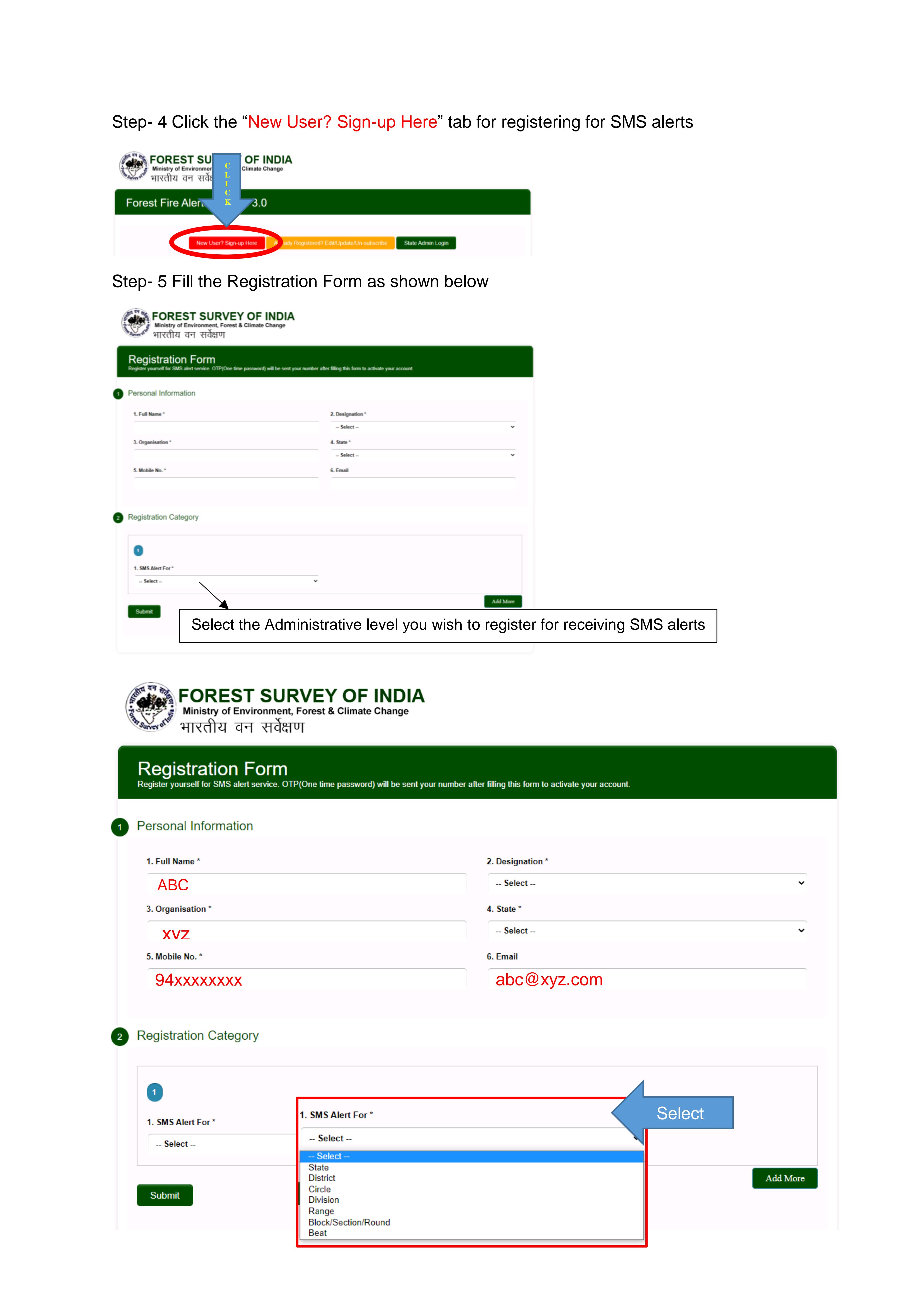 Step by Step process for registration in FSI Forest Fire Alerts System