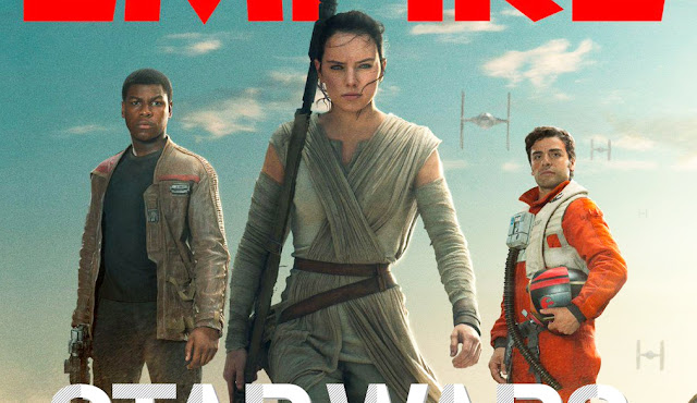Na imagem: Recorte da capa da revista Empire mostrando Rey (no centro), Finn (esquerda) e Poe (direita)