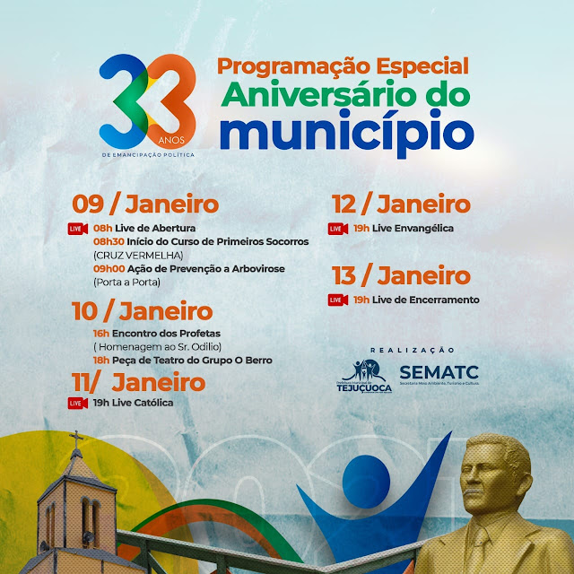 Prefeitura fará programação virtual para comemorar aniversário de 33 anos de Tejuçuoca  