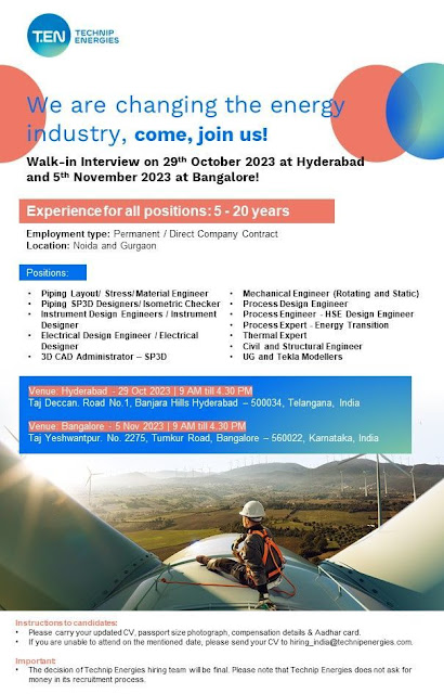 Technip Energies Walk In Interview For Piping/ Process/ Instrument/ Design/ Mechanical