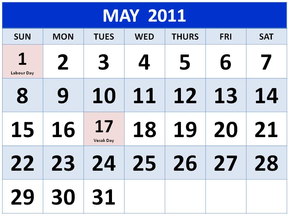 may calendar 2011 with holidays. may 2011 calendar with