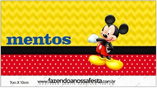 Mickey en Fondo Amarillo con Zigzags y Rojo con Lunares: Etiquetas para Candy Bar para Imprimir Gratis.