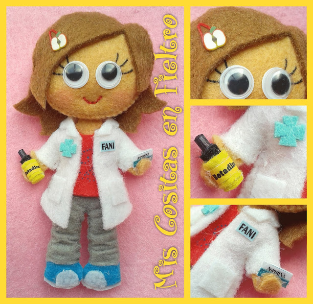 broche de fieltro, broche en fieltro, fieltro broche, broche, fieltro, felt, regalo, pin, Monigota, muñeca de fieltro, felt doll, farmacéutica, auxiliar de farmacia, broche farmacéutica