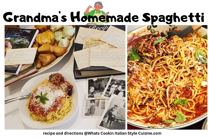 collage of homemade spaghetti pasta with family photos