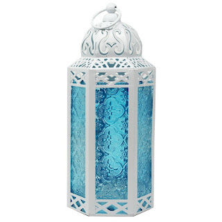 White Moroccan Decorative Candle Lantern Holder for Decor, Blue Glass, Medium