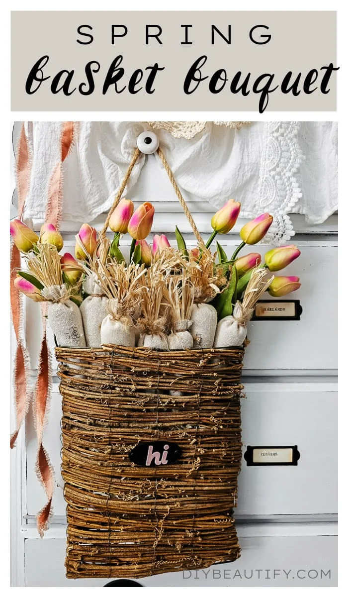 Spring basket bouquet with tulips and carrots