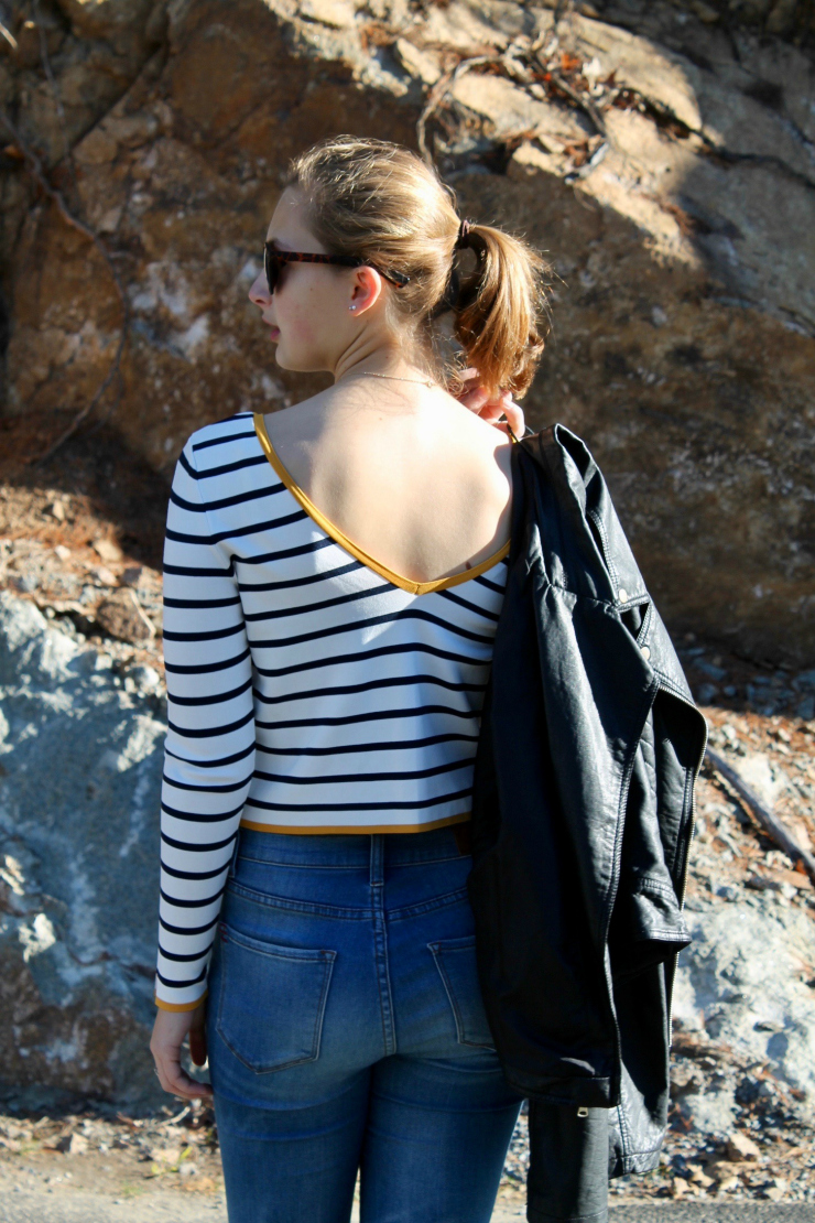 moto jacket, striped shirt and high waisted jeans