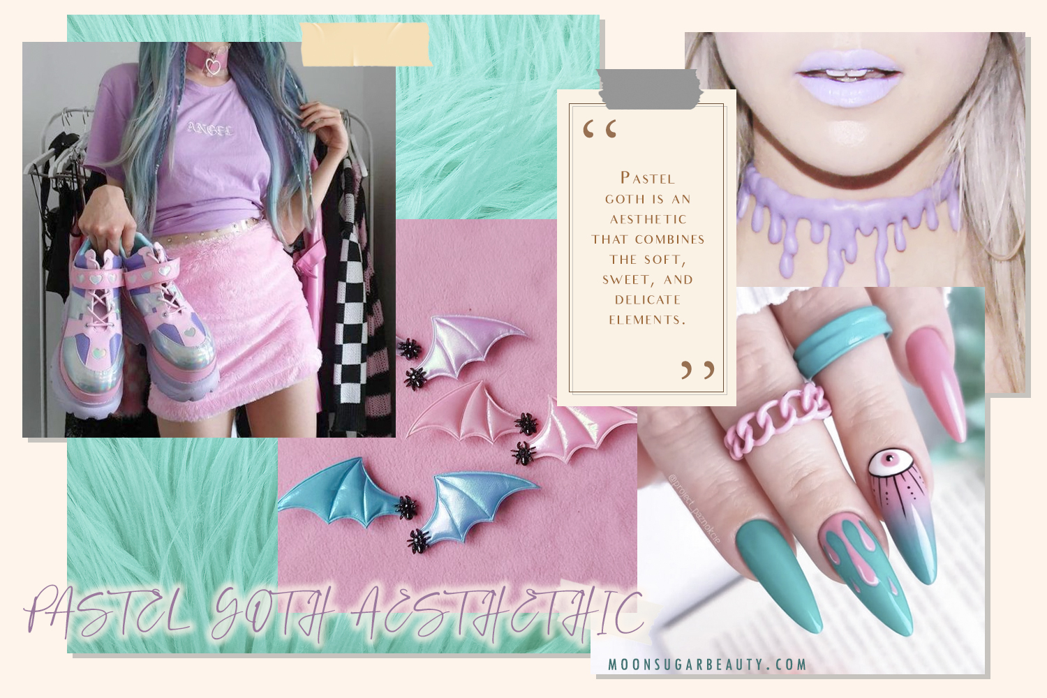 aesthetic collage with pastel goth fashion and accessories