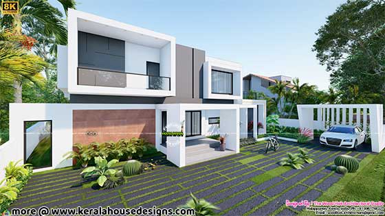 Modern Contemporary Style House with Box Model Design, Dark Beige Tile Show Wall, and Grey Texture Paint Exterior