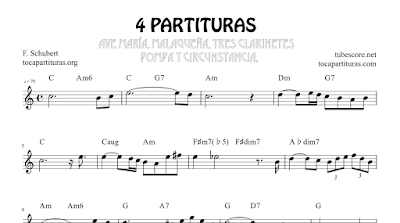 4 Partituras de Música Clásica, Colombiana y Andaluza, Fandango Tres Clarinetes, Ave María, Pompa y Circunstancia y Malagueña Suite Andalucía con Acordes