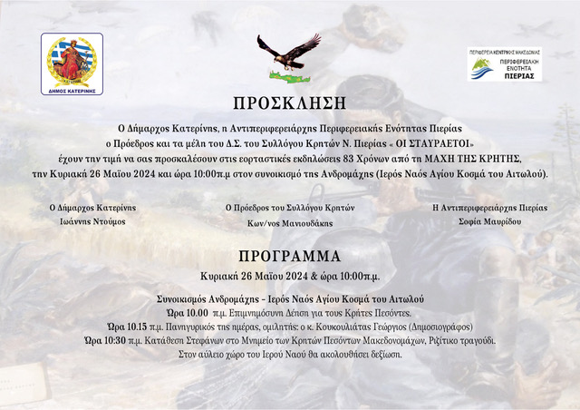 Εορταστικές εκδηλώσεις στην Κατερίνη για την 83η επέτειο από την Μάχη της Κρήτης (πρόγραμμα - πρόσκληση)