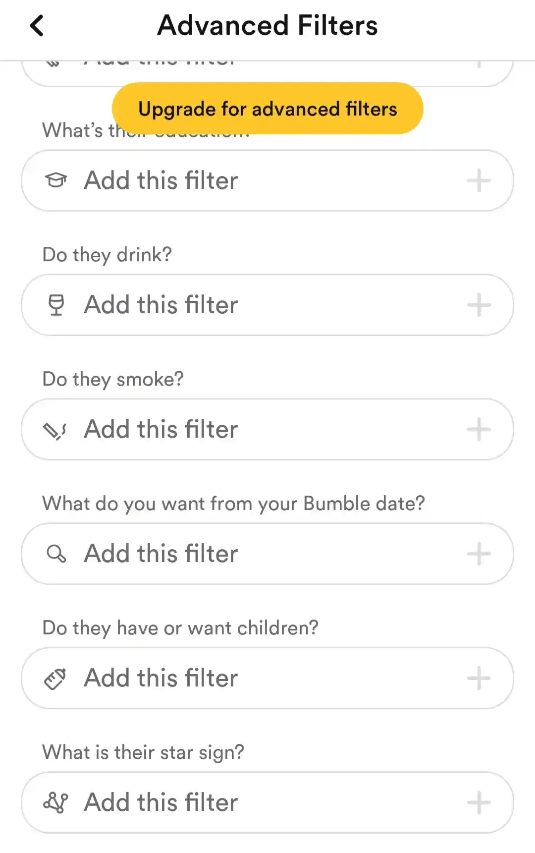 Bumble advanced filter function