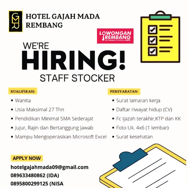 Lowongan Kerja Pegawai Staff Stocker Hotel Gajah Mada Banyudono Kaliori Rembang