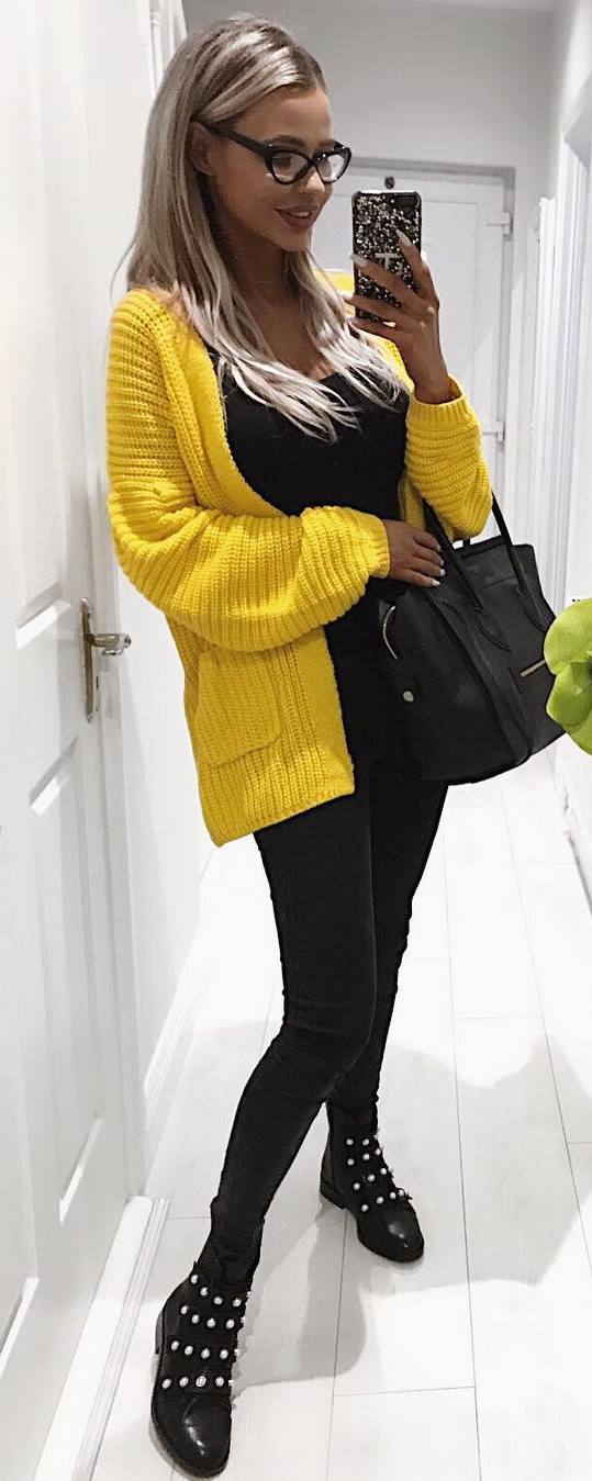 black and yellow / cardigan + bag + top + skinnies + boots