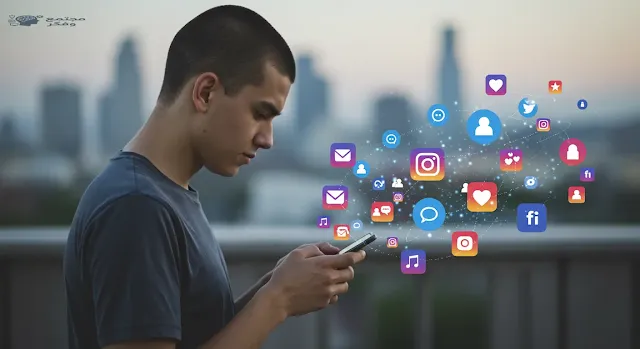 شاب يستخدم هاتفه المحمول وتظهر أيقونات وسائل التواصل الاجتماعي حوله، مما يرمز إلى تأثير وسائل التواصل الاجتماعي على السلوك الاجتماعي للشباب.