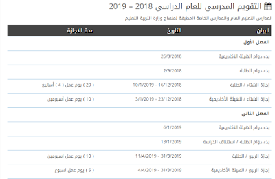 التقويم الدراسي 2018-2019 الامارات