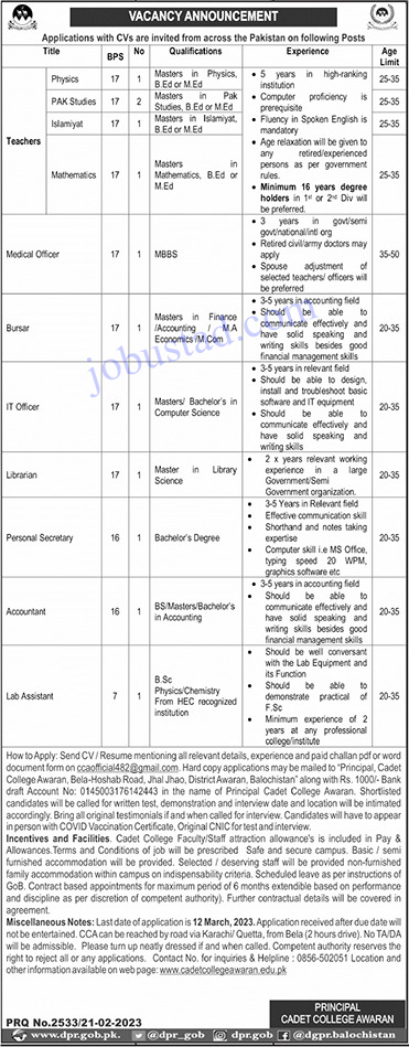 Latest Cadet College Awaran Jobs 2023