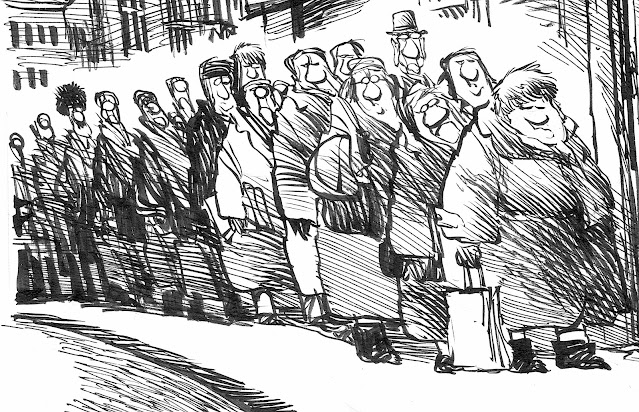detail from a Jeff MacNelly cartoon, people standing in line or cue