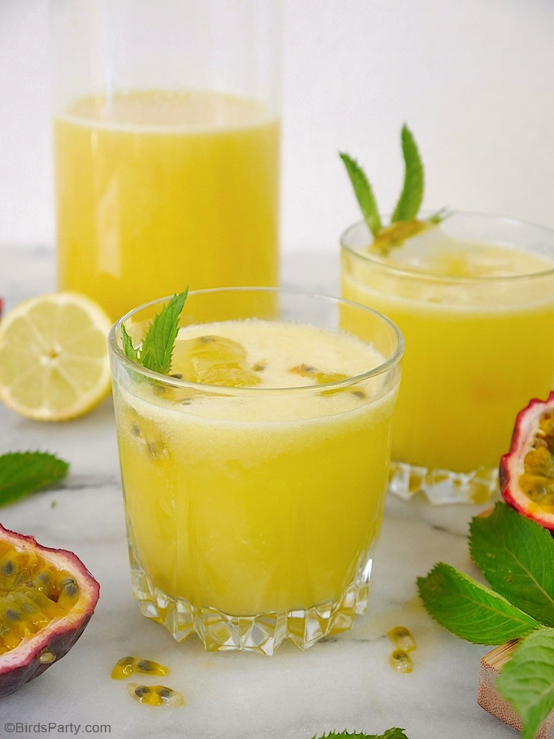 Passion Fruit Lemonade Recipe - an easy and delicious recipe that's perfect for serving on a hot summer's day! by BirdsParty.com @birdsparty #lemonade #passionfruit #recipe #summerdrink #summerrecipe #drinks #beverages