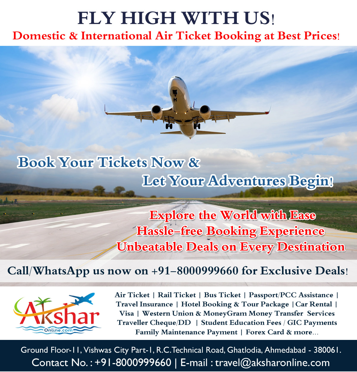 🌍✈️ Ready to take off on your next adventure? Look no further! ✈️🌍 Looking for the best deals on domestic and international air tickets? Your search ends here! Call/WhatsApp us at +91-8000999660 for the best airfare deals and seamless booking experience. 🎫✨ Don't miss out on our exclusive offers! Contact us now to secure your tickets and start planning your next getaway! 🏖️✈️ #AirTicketBooking #BestPrice #TravelDeals #flywithus #aksharonline