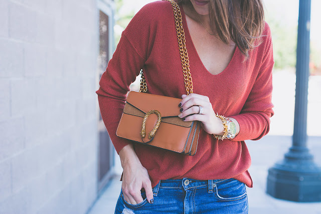 Shein cross body bag for Fall. Burnt orange v neck sweater for Fall