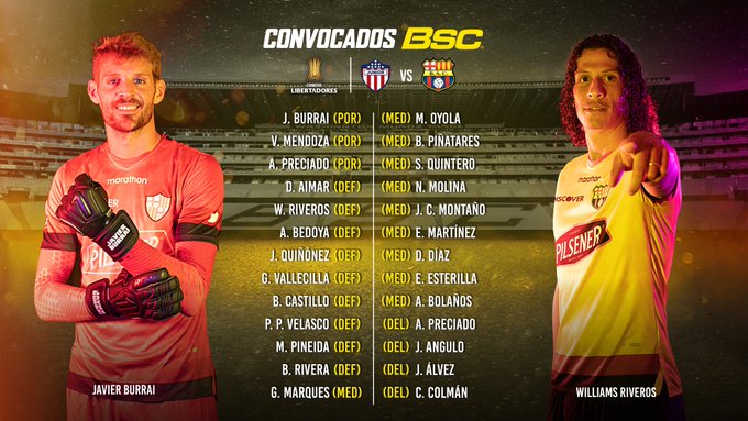 CONVOCADOS de BSC para su cotejo con Junior por Copa Libertadores